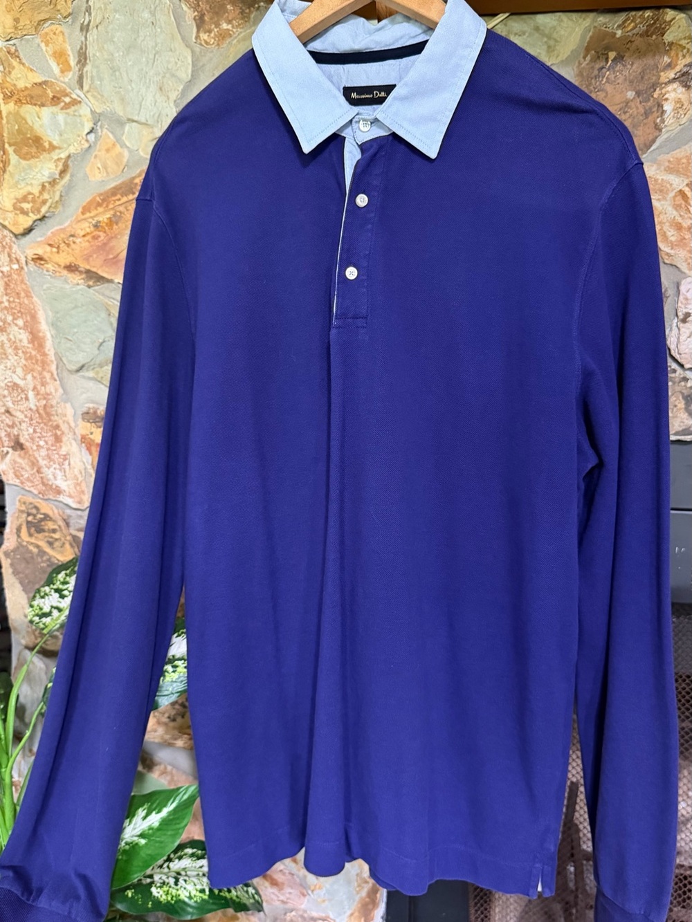 Massimo Dutti Long-Sleeve Polo in Deep Purple with Light Blue Collar XXL